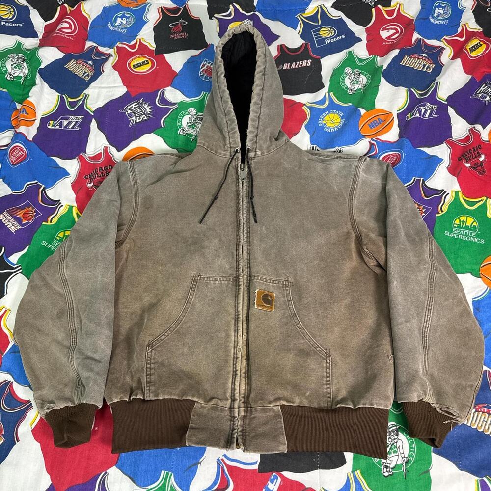 VTG Carhartt J68 CHT Brown Canvas Zip Jacket Hooded Mens L Large Distressed